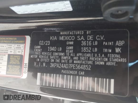 ✅ 2023 Kia Rio S • VIN: 3KPA24AD7PE564852 • Lot: 43141187. Listed on IAAI with 127,507 mi. Free auction sales archive from the USA and detailed vehicle history report at DreamBid. Image 9.