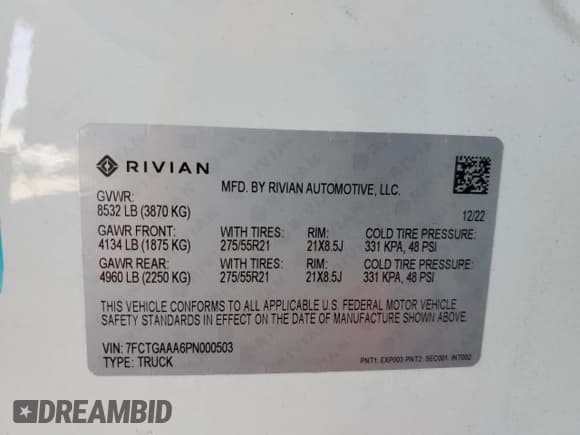 ✅ 2023 Rivian R1T Adventure • VIN: 7FCTGAAA6PN000503 • Lot: 60748495. Wystawiony na Copart z przebiegiem 27 291 mil. Bezpłatny archiwum sprzedaży aukcyjnych z USA i szczegółowy raport historii pojazdu na DreamBid. Zdjęcie 13.