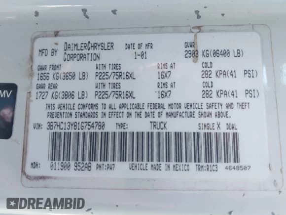 ✅ 2001 Dodge 1500 • VIN: 3B7HC13Y81G754780 • Lot: 41771527. Listed on IAAI with 310,186 mi. Free auction sales archive from the USA and detailed vehicle history report at DreamBid. Image 9.