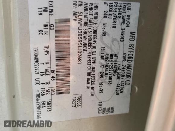 ✅ 2005 Lincoln Navigator Luxury • VIN: 5LMFU28595LJ02681 • Lot: 56504215. Wystawiony na Copart z przebiegiem 135 395 mil. Bezpłatny archiwum sprzedaży aukcyjnych z USA i szczegółowy raport historii pojazdu na DreamBid. Zdjęcie 13.