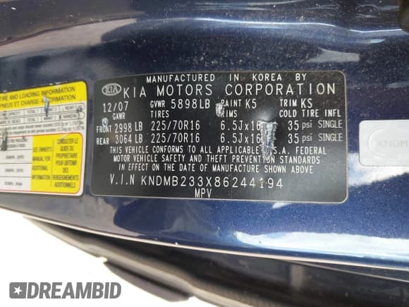 ✅ 2008 Kia Sedona LX • VIN: KNDMB233X86244194 • Lot: 42751986. Listed on IAAI with 197,353 mi. Free auction sales archive from the USA and detailed vehicle history report at DreamBid. Image 9.