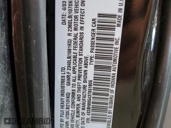 ✅ 2003 Subaru Legacy Outback • VIN: 4S3BH895437651805 • Lot: 80260195. Wystawiony na Copart z przebiegiem 202 808 mil. Bezpłatny archiwum sprzedaży aukcyjnych z USA i szczegółowy raport historii pojazdu na DreamBid. Zdjęcie 12.