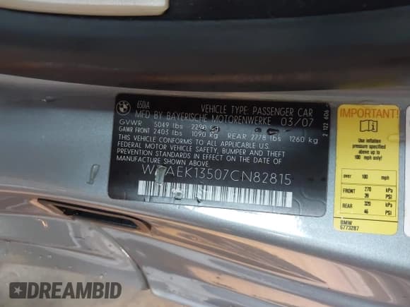 ✅ 2007 BMW 6 Series 650i • VIN: WBAEK13507CN82815 • Lot: 42967819. Listed on IAAI with 218,144 mi. Free auction sales archive from the USA and detailed vehicle history report at DreamBid. Image 9.