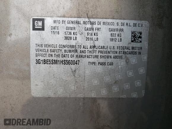 ✅ 2017 Chevrolet Cruze LT • VIN: 3G1BE5SM1HS560047 • Lot: 55565593. Listed on Copart with 49,602 mi. Free auction sales archive from the USA and detailed vehicle history report at DreamBid. Image 12.