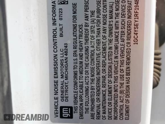 2024 Chevrolet Silverado 3500HD Work Truck с VIN 1GC4YSEY1RF194813, выставлен на аукционе Copart как лот 57852965 с пробегом 38 771 миль миль и Списание • Salvage title. История ставок и продаж доступна на DreamBid. Изображение 12.