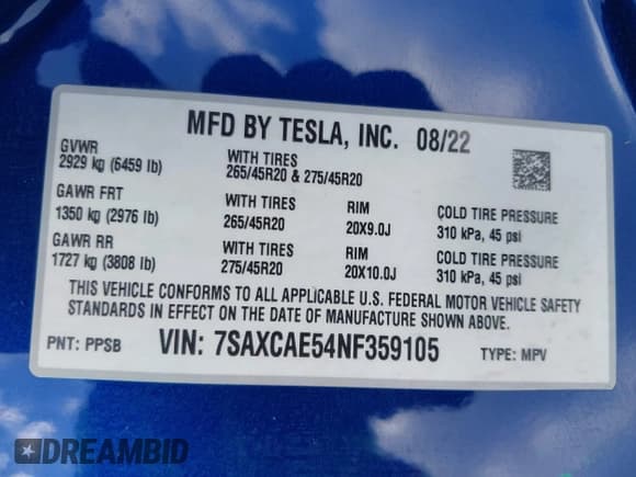 ✅ 2022 Tesla Model X • VIN: 7SAXCAE54NF359105 • Lot: 42459209. Wystawiony na IAAI z przebiegiem 39 603 mil. Bezpłatny archiwum sprzedaży aukcyjnych z USA i szczegółowy raport historii pojazdu na DreamBid. Zdjęcie 9.