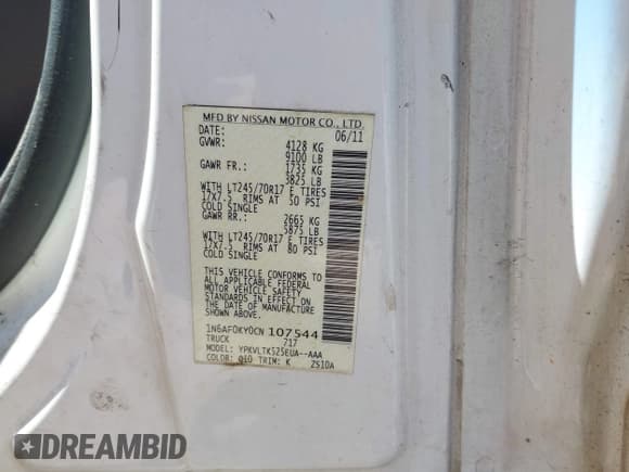 ✅ 2012 Nissan NV Cargo SL • VIN: 1N6AF0KY0CN107544 • Lot: 43138211. Wystawiony na IAAI z przebiegiem 324 339 mil. Bezpłatny archiwum sprzedaży aukcyjnych z USA i szczegółowy raport historii pojazdu na DreamBid. Zdjęcie 9.