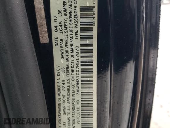 ✅ 2007 Volkswagen Beetle • VIN: 3VWRW31C07M517870 • Lot: 56364955. Listed on Copart with 189,070 mi. Free auction sales archive from the USA and detailed vehicle history report at DreamBid. Image 13.