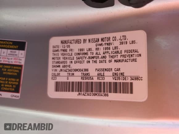 ✅ 2006 Nissan 350Z • VIN: JN1AZ34D36M304386 • Lot: 87230445. Listed on Copart with 133,737 mi. Free auction sales archive from the USA and detailed vehicle history report at DreamBid. Image 13.