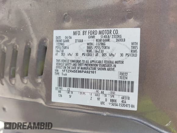 ✅ 2006 Ford Ranger XLT • VIN: 1FTZR45E86PA92161 • Lot: 42264998. Listed on IAAI with 94,429 mi. Free auction sales archive from the USA and detailed vehicle history report at DreamBid. Image 9.