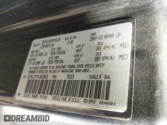 ✅ 1999 Dodge 1500 • VIN: 1B7HC13Y7XJ603503 • Lot: 43635588. Listed on IAAI with 274,736 mi. Free auction sales archive from the USA and detailed vehicle history report at DreamBid. Image 9.