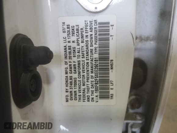 ✅ 2014 Honda Civic LX • VIN: 19XFB2F5XEE260181 • Лот: 69426765. Опубликован ранее на Copart с пробегом Не указан. Бесплатный доступ к архиву аукционных продаж из США и подробный отчёт об истории автомобиля на DreamBid. Изображение 13.