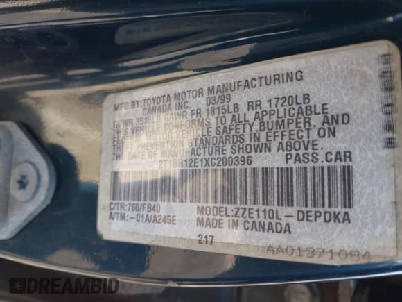 ✅ 1999 Toyota Corolla VE • VIN: 2T1BR12E1XC200396 • Lot: 42814852. Listed on IAAI with Not provided. Free auction sales archive from the USA and detailed vehicle history report at DreamBid. Image 9.