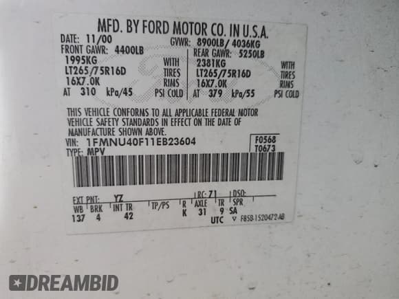 ✅ 2001 Ford Excursion XLT • VIN: 1FMNU40F11EB23604 • Лот: 81528794. Опубликован ранее на Copart с пробегом 196 555 миль. Бесплатный доступ к архиву аукционных продаж из США и подробный отчёт об истории автомобиля на DreamBid. Изображение 14.
