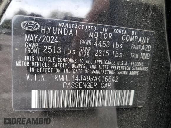 2024 Hyundai Sonata SEL z VIN KMHL14JA9RA416642, wystawiony jako Copart lot #80735975 z przebiegiem 2 731 mil mil oraz Szkoda całkowita • Salvage title. Historia ofert i sprzedaży dostępna na DreamBid. Obrazek 12.