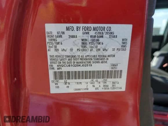 2009 Mercury Mariner с VIN 4M2CU81G29KJ02519, выставлен на аукционе Copart как лот 68518055 с пробегом 192 031 миль миль и Списание • Salvage title. История ставок и продаж доступна на DreamBid. Изображение 13.