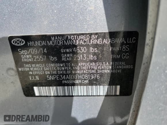 ✅ 2015 Hyundai Sonata Sport • VIN: 5NPE34ABXFH081976 • Lot: 47782663. Listed on Copart with Not provided. Free auction sales archive from the USA and detailed vehicle history report at DreamBid. Image 12.