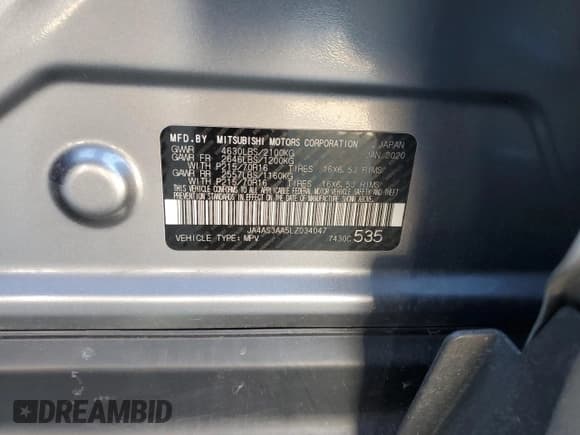 ✅ 2020 Mitsubishi Eclipse Cross ES • VIN: JA4AS3AA5LZ034047 • Lot: 91079845. Listed on Copart with 69,553 mi. Free auction sales archive from the USA and detailed vehicle history report at DreamBid. Image 14.