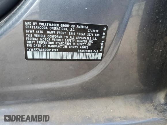 ✅ 2013 Volkswagen Passat S • VIN: 1VWAP7A34DC012297 • Lot: 60635515. Listed on Copart with 157,647 mi. Free auction sales archive from the USA and detailed vehicle history report at DreamBid. Image 12.