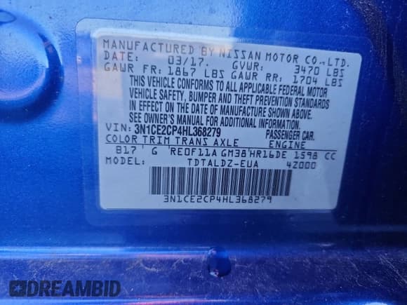 ✅ 2017 Nissan Note SV • VIN: 3N1CE2CP4HL368279 • Lot: 92243655. Listed on Copart with 52,920 mi. Free auction sales archive from the USA and detailed vehicle history report at DreamBid. Image 13.