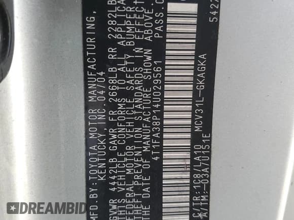 ✅ 2004 Toyota Solara SE • VIN: 4T1FA38P14U029561 • Lot: 70006385. Listed on Copart with Not provided. Free auction sales archive from the USA and detailed vehicle history report at DreamBid. Image 12.