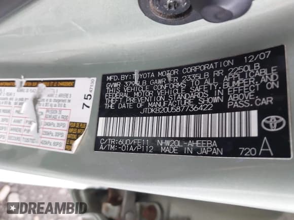 ✅ 2008 Toyota Prius • VIN: JTDKB20U587736422 • Lot: 43467605. Listed on IAAI with Not provided. Free auction sales archive from the USA and detailed vehicle history report at DreamBid. Image 9.