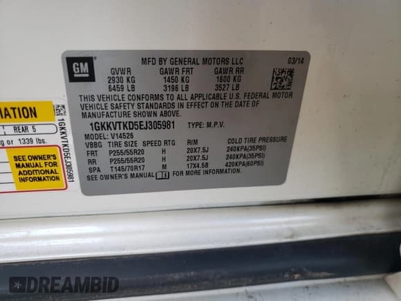 ✅ 2014 GMC Acadia Denali • VIN: 1GKKVTKD5EJ305981 • Лот: 91847855. Опубликован ранее на Copart с пробегом Не указан. Бесплатный доступ к архиву аукционных продаж из США и подробный отчёт об истории автомобиля на DreamBid. Изображение 13.