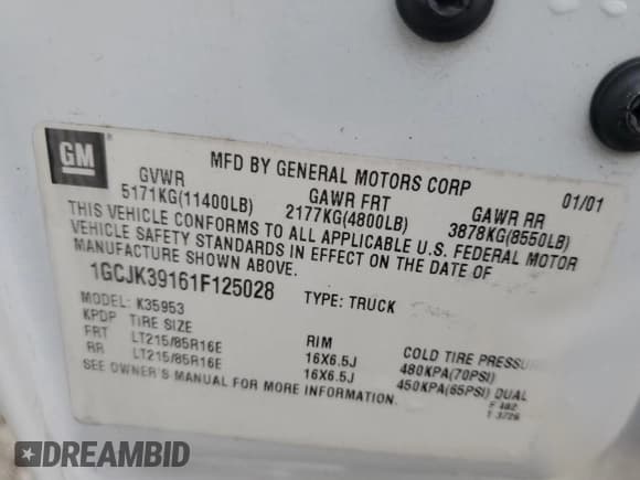 ✅ 2001 Chevrolet Silverado 3500 LS • VIN: 1GCJK39161F125028 • Lot: 58018495. Listed on Copart with 164,770 mi. Free auction sales archive from the USA and detailed vehicle history report at DreamBid. Image 12.