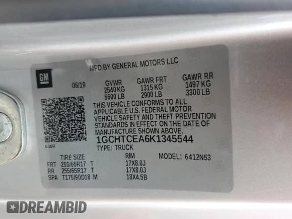 2019 Chevrolet Colorado 4WD LT with VIN 1GCHTCEA6K1345544, listed as a Copart auction lot 69826284 with 202,306 mi miles and Salvage title. Bid and sale history available at DreamBid. Image 12.