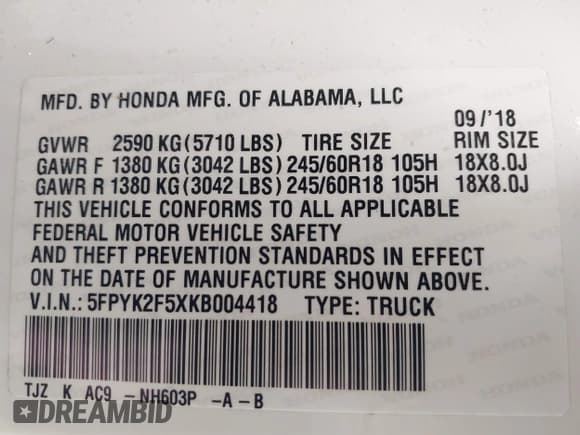 ✅ 2019 Honda Ridgeline RTL • VIN: 5FPYK2F5XKB004418 • Лот: 43572773. Опубликован ранее на IAAI с пробегом 70 040 миль. Бесплатный доступ к архиву аукционных продаж из США и подробный отчёт об истории автомобиля на DreamBid. Изображение 9.