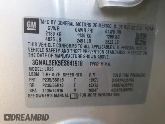 ✅ 2014 Chevrolet Captiva Sport LT • VIN: 3GNAL3EK5ES641918 • Lot: 49589025. Wystawiony na Copart z przebiegiem 140 239 mil. Bezpłatny archiwum sprzedaży aukcyjnych z USA i szczegółowy raport historii pojazdu na DreamBid. Zdjęcie 14.