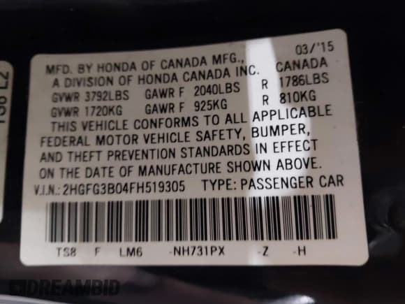 ✅ 2015 Honda Civic EX-L • VIN: 2HGFG3B04FH519305 • Lot: 43135309. Listed on IAAI with 126,201 mi. Free auction sales archive from the USA and detailed vehicle history report at DreamBid. Image 9.