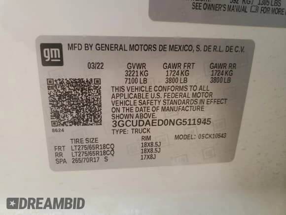 2022 Chevrolet Silverado 1500 Work Truck z VIN 3GCUDAED0NG511945, wystawiony jako Copart lot #42146345 z przebiegiem Nie podano mil oraz Nie do naprawy • Non repairable. Historia ofert i sprzedaży dostępna na DreamBid. Obrazek 12.