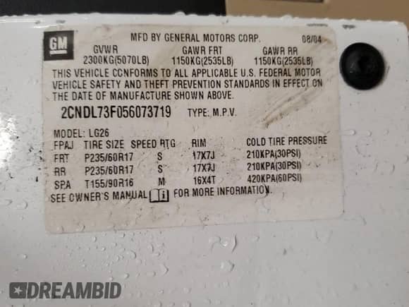 2005 Chevrolet Equinox LT с VIN 2CNDL73F056073719, выставлен на аукционе Copart как лот 55545294 с пробегом 89 721 миль миль и Списание • Salvage title. История ставок и продаж доступна на DreamBid. Изображение 15.