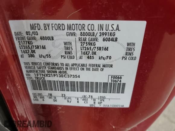 ✅ 2003 Ford F-250 XL • VIN: 1FTNX21P13EC37354 • Lot: 66935615. Wystawiony na Copart z przebiegiem 117 323 mil. Bezpłatny archiwum sprzedaży aukcyjnych z USA i szczegółowy raport historii pojazdu na DreamBid. Zdjęcie 12.