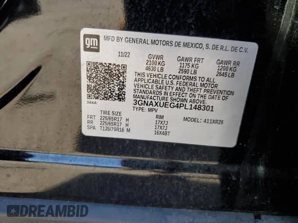 2023 Chevrolet Equinox LT with VIN 3GNAXUEG4PL148301, listed as a Copart auction lot 85780925 with 62,878 mi miles and Salvage title. Bid and sale history available at DreamBid. Image 13.