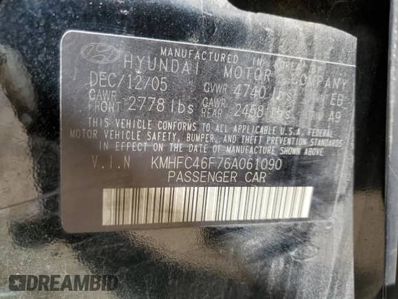 2006 Hyundai Azera SE z VIN KMHFC46F76A061090, wystawiony jako Copart lot #50104405 z przebiegiem Nie podano mil oraz Czysty tytuł • Clean title. Historia ofert i sprzedaży dostępna na DreamBid. Obrazek 12.