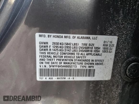 ✅ 2019 Honda Pilot EX-L • VIN: 5FNYF6H54KB052773 • Lot: 92529725. Listed on Copart with 52,825 mi. Free auction sales archive from the USA and detailed vehicle history report at DreamBid. Image 14.