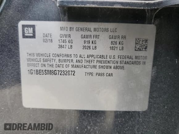 ✅ 2016 Chevrolet Cruze LT • VIN: 1G1BE5SM8G7232072 • Lot: 43704053. Listed on Copart with 113,153 mi. Free auction sales archive from the USA and detailed vehicle history report at DreamBid. Image 13.