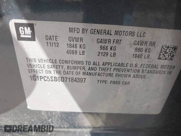 2013 Chevrolet Cruze 1LT с VIN 1G1PC5SB6D7184397, выставлен на аукционе IAAI как лот 43601539 с пробегом 164 464 миль миль и . История ставок и продаж доступна на DreamBid. Изображение 9.