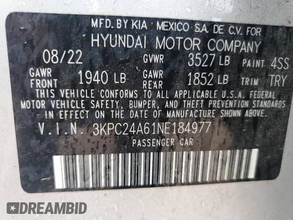 2022 Hyundai Accent SE with VIN 3KPC24A61NE184977, listed as a Copart auction lot 84443065 with 38,580 mi miles and Salvage title. Bid and sale history available at DreamBid. Image 12.