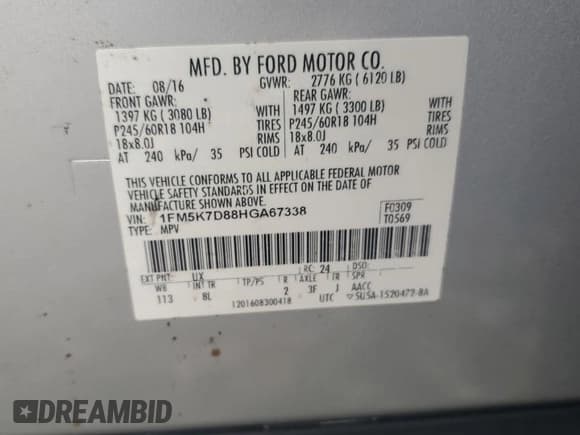 ✅ 2017 Ford Explorer XLT • VIN: 1FM5K7D88HGA67338 • Лот: 59279345. Опубликован ранее на Copart с пробегом 94 283 миль. Бесплатный доступ к архиву аукционных продаж из США и подробный отчёт об истории автомобиля на DreamBid. Изображение 14.