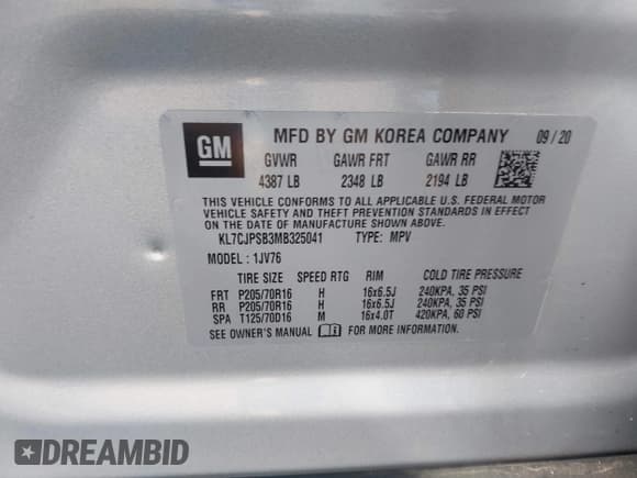 ✅ 2021 Chevrolet Trax LT • VIN: KL7CJPSB3MB325041 • Lot: 43750227. Listed on IAAI with 69,718 mi. Free auction sales archive from the USA and detailed vehicle history report at DreamBid. Image 9.