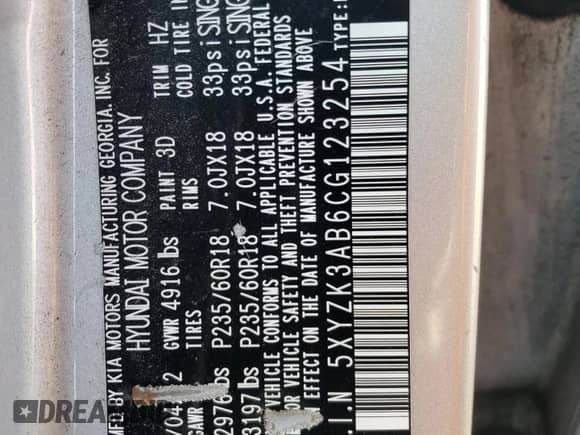 2012 Hyundai Santa Fe Limited with VIN 5XYZK3AB6CG123254, listed as a Copart auction lot 69882154 with 134,891 mi miles and Salvage title. Bid and sale history available at DreamBid. Image 14.