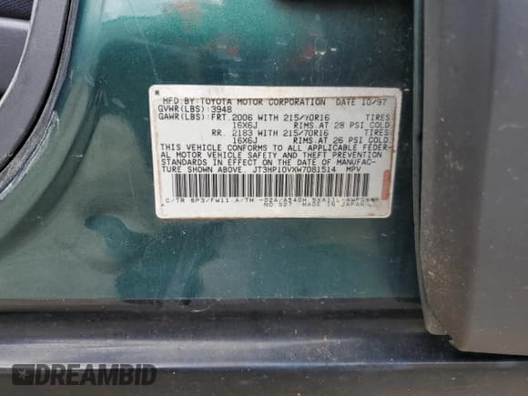 ✅ 1998 Toyota RAV4 • VIN: JT3HP10VXW7081514 • Lot: 69084205. Listed on Copart with 307,330 mi. Free auction sales archive from the USA and detailed vehicle history report at DreamBid. Image 12.