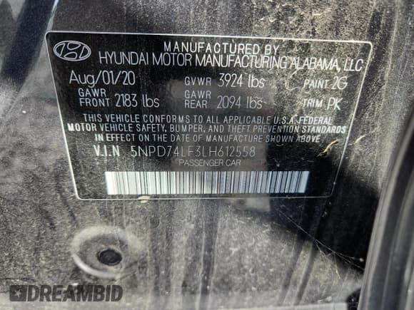 ✅ 2020 Hyundai Elantra SE • VIN: 5NPD74LF3LH612558 • Lot: 81070995. Listed on Copart with 95,529 mi. Free auction sales archive from the USA and detailed vehicle history report at DreamBid. Image 12.