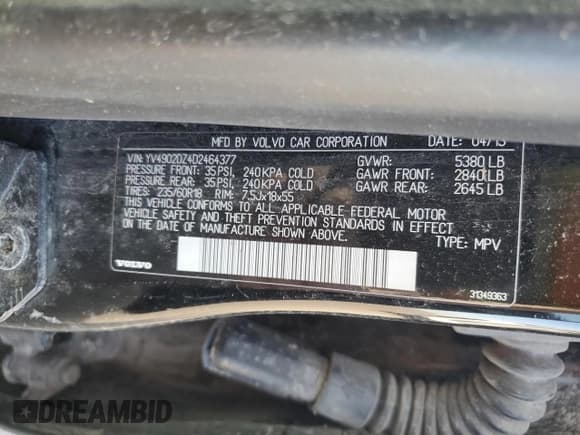 ✅ 2013 Volvo XC60 T6 • VIN: YV4902DZ4D2464377 • Lot: 49458365. Listed on Copart with Not provided. Free auction sales archive from the USA and detailed vehicle history report at DreamBid. Image 13.