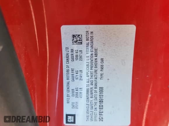 ✅ 2011 Chevrolet Camaro 1LS • VIN: 2G1FE1ED1B9151668 • Lot: 69932375. Listed on Copart with 134,508 mi. Free auction sales archive from the USA and detailed vehicle history report at DreamBid. Image 12.