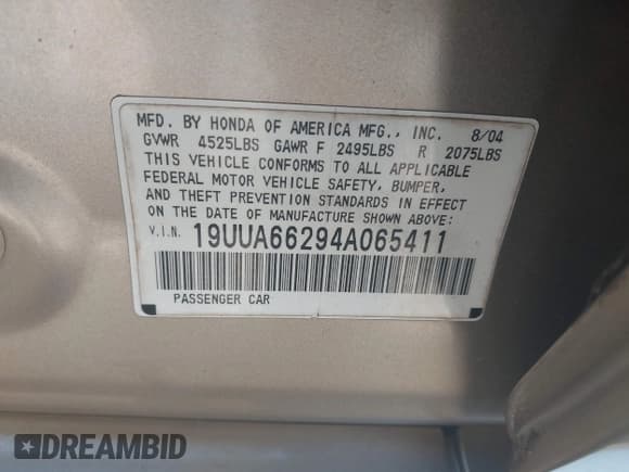 ✅ 2004 Acura TL • VIN: 19UUA66294A065411 • Лот: 43382948. Опубликован ранее на IAAI с пробегом 170 910 миль. Бесплатный доступ к архиву аукционных продаж из США и подробный отчёт об истории автомобиля на DreamBid. Изображение 9.