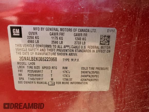 ✅ 2014 Chevrolet Equinox LT • VIN: 2GNALBEK0E6223968 • Лот: 85958765. Опубликован ранее на Copart с пробегом 166 387 миль. Бесплатный доступ к архиву аукционных продаж из США и подробный отчёт об истории автомобиля на DreamBid. Изображение 13.